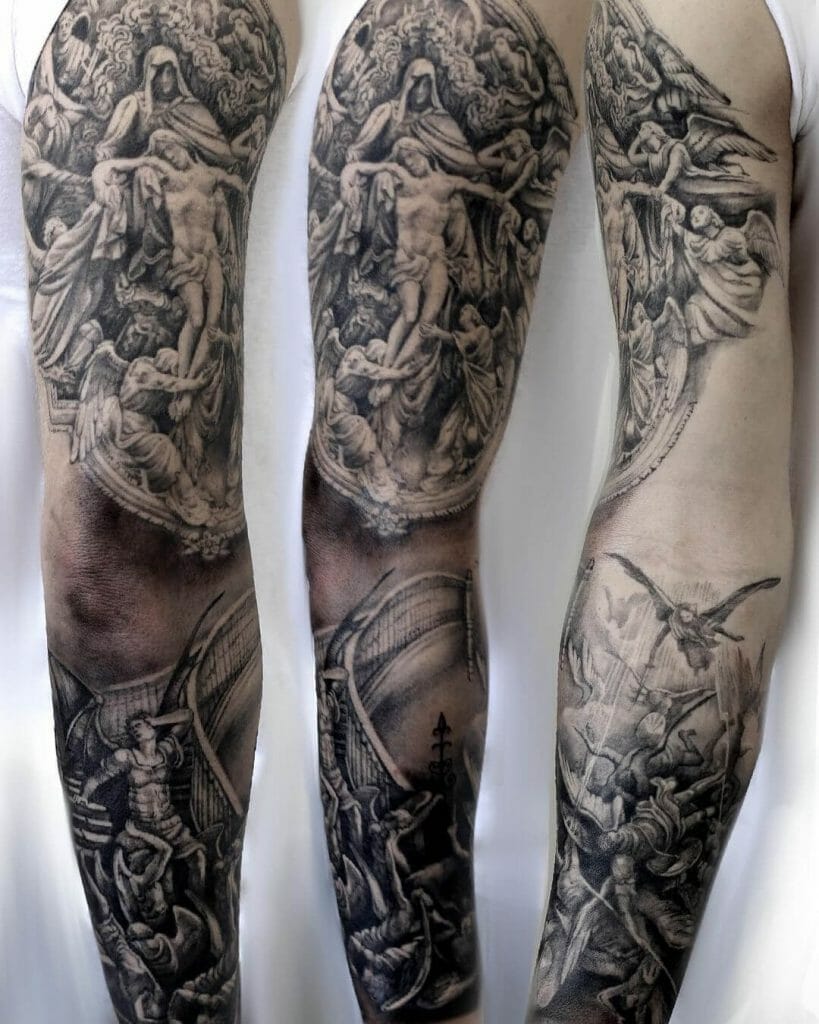 Jesus Christ And Angels Half Sleeve Tattoo