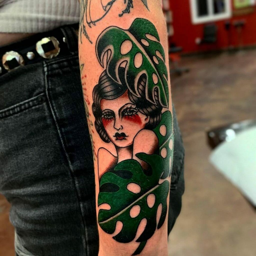 Lady With Monstera Plant Tattoo Ideas