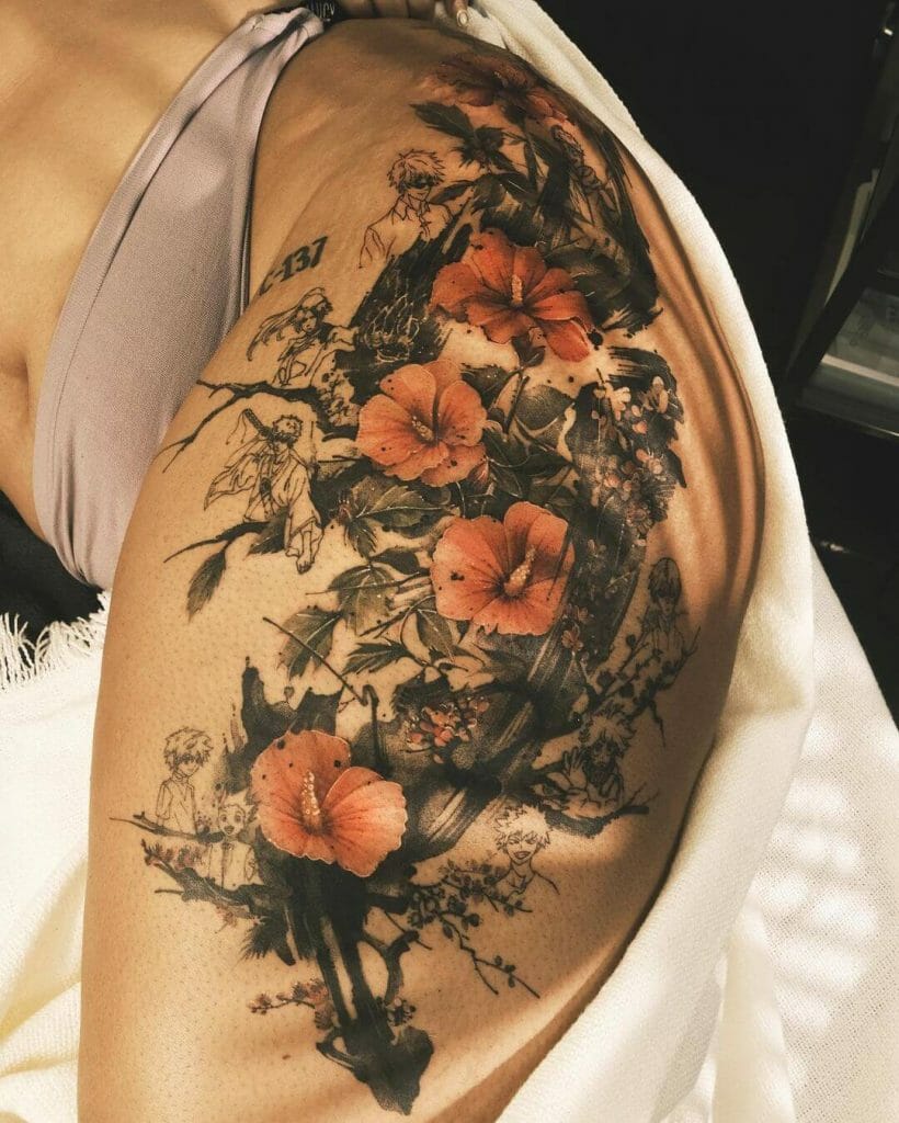 Large Anime-Inspired Flower Thigh Tattoo Ideas