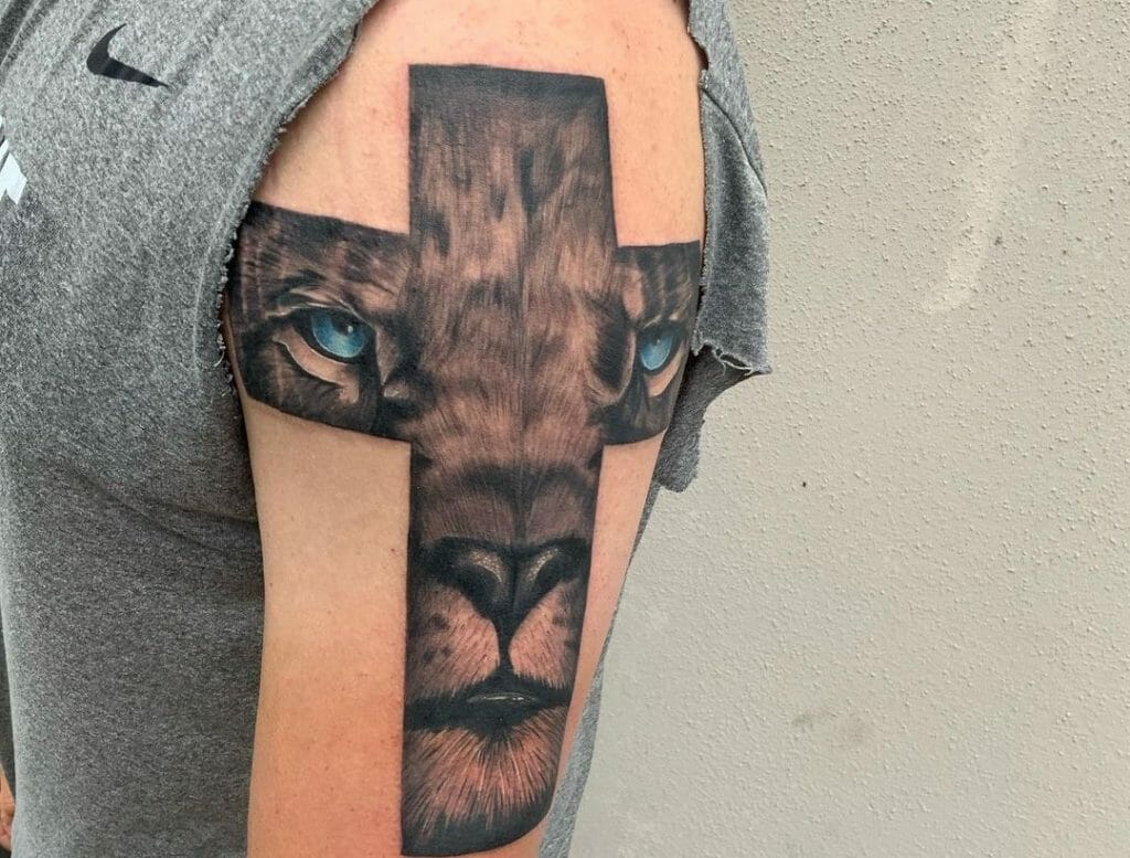 Lion And Cross Tattoos