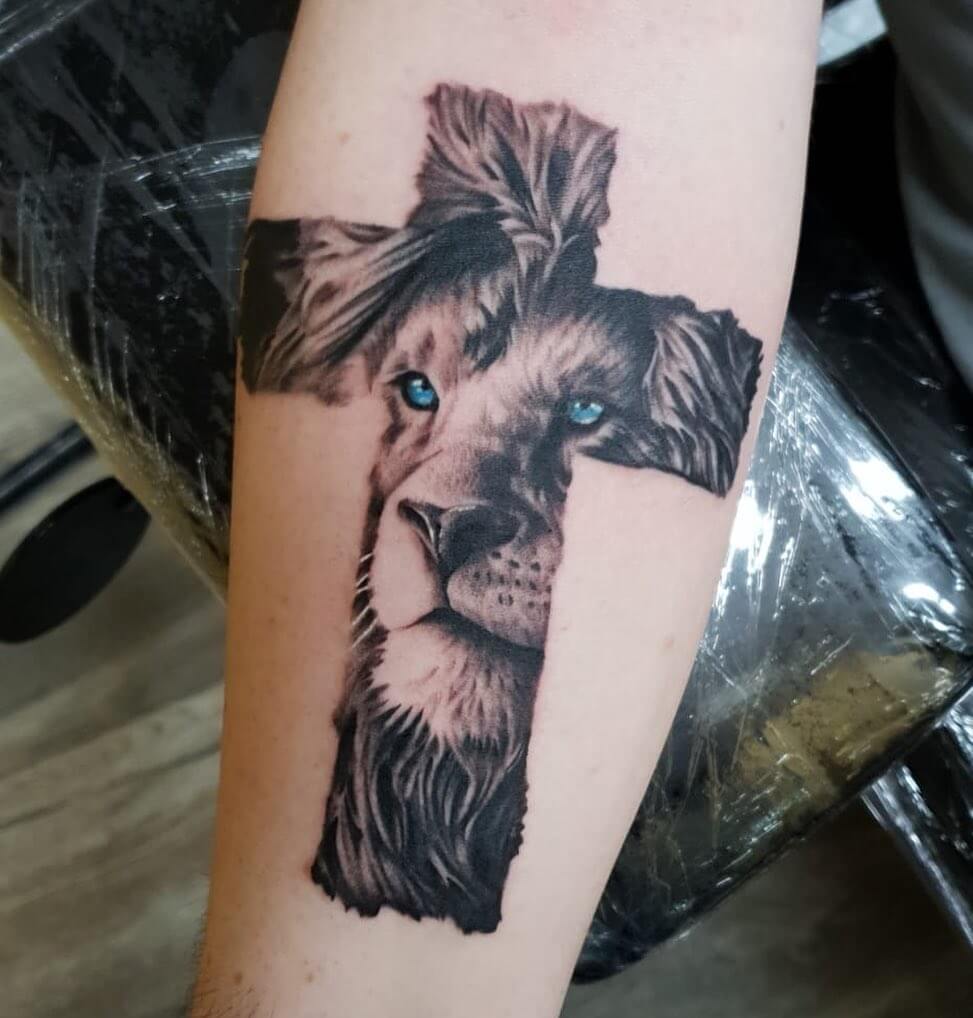 Lion and Cross Realistic Tattoo
