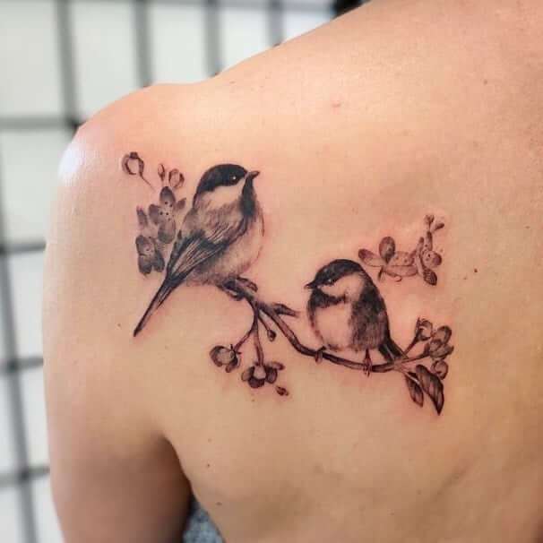 Little  Chickadees With Cherry Blossoms Tattoo 