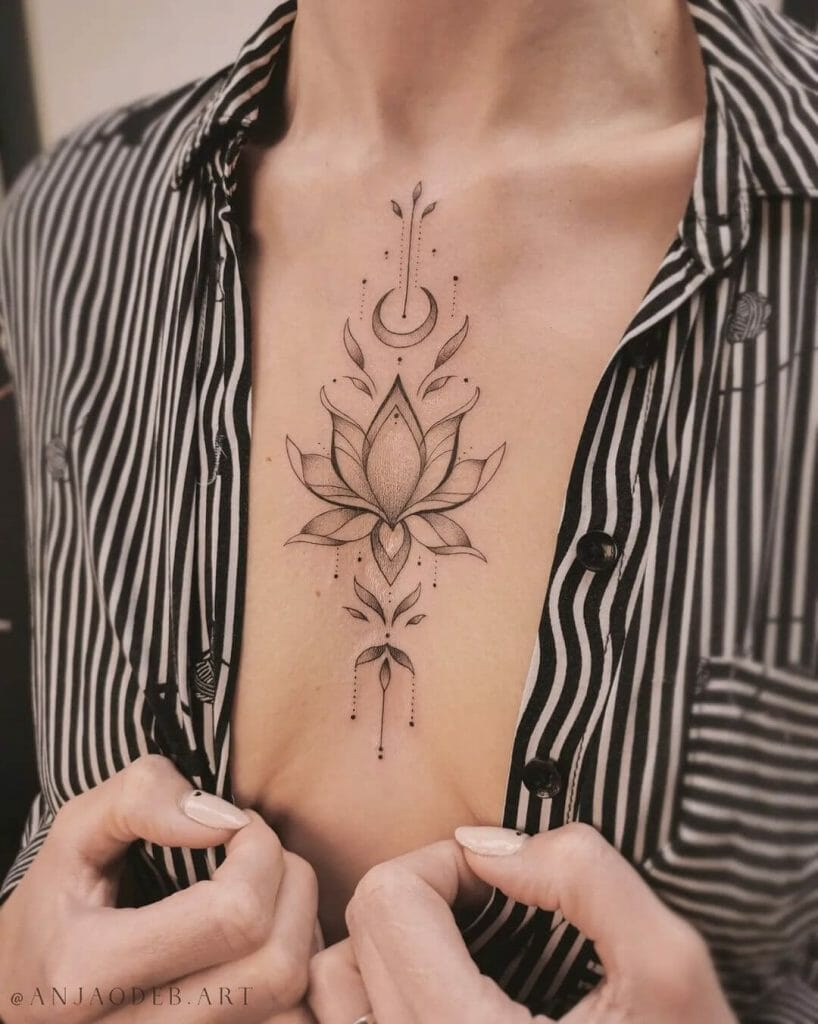 Lotus Flower And Crescent Moon Delicate Sternum Tattoo
