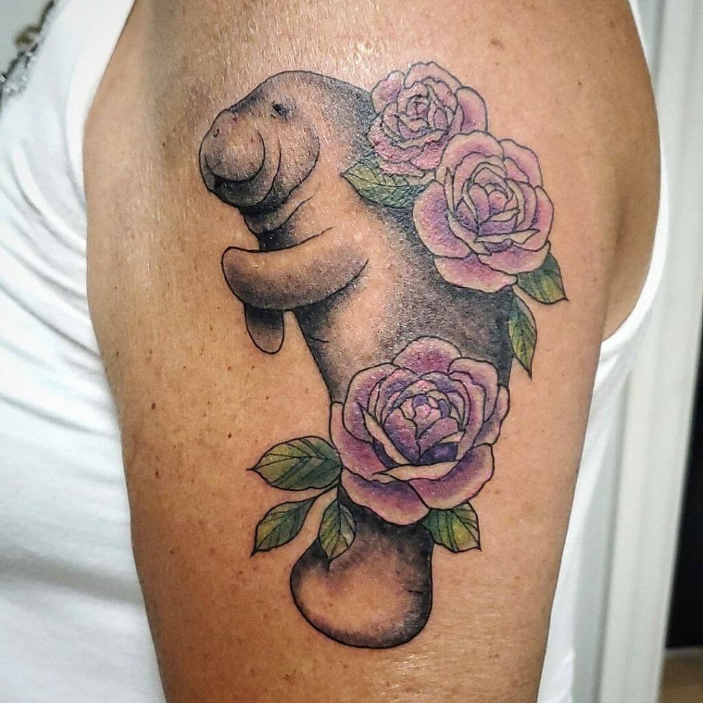 Lovely Manatee Tattoos With Flowers