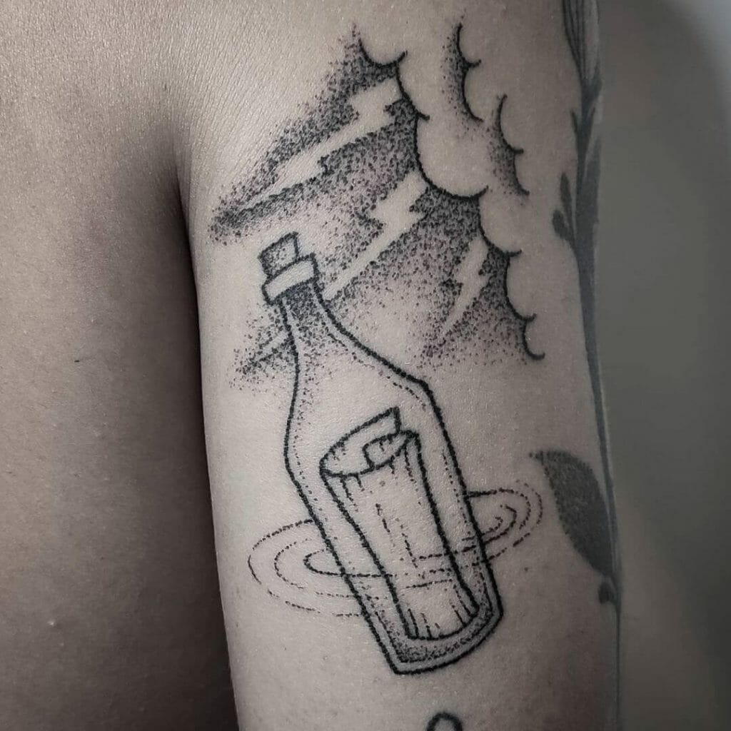 Message In A Bottle Blackwork Tattoo