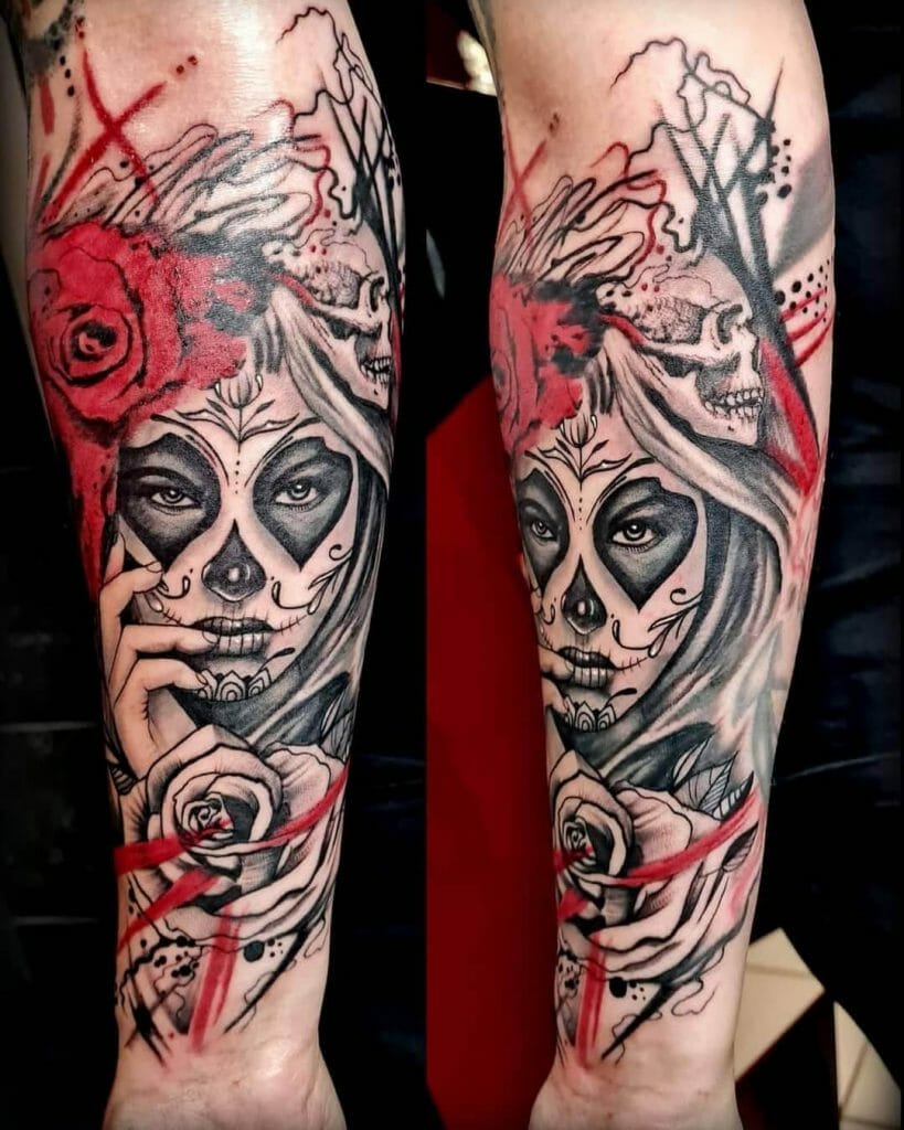 Mexican Girl Tattoo With Skull And Roses