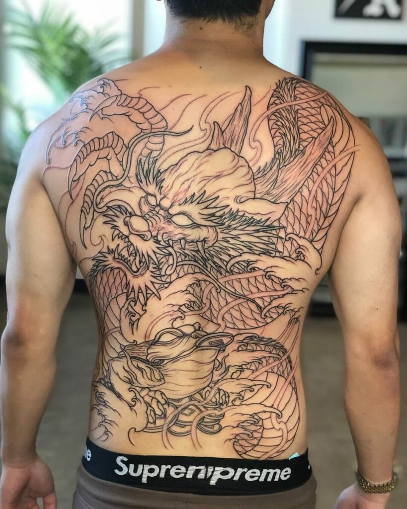 Money Frog And Dragon Full Back Tattoo