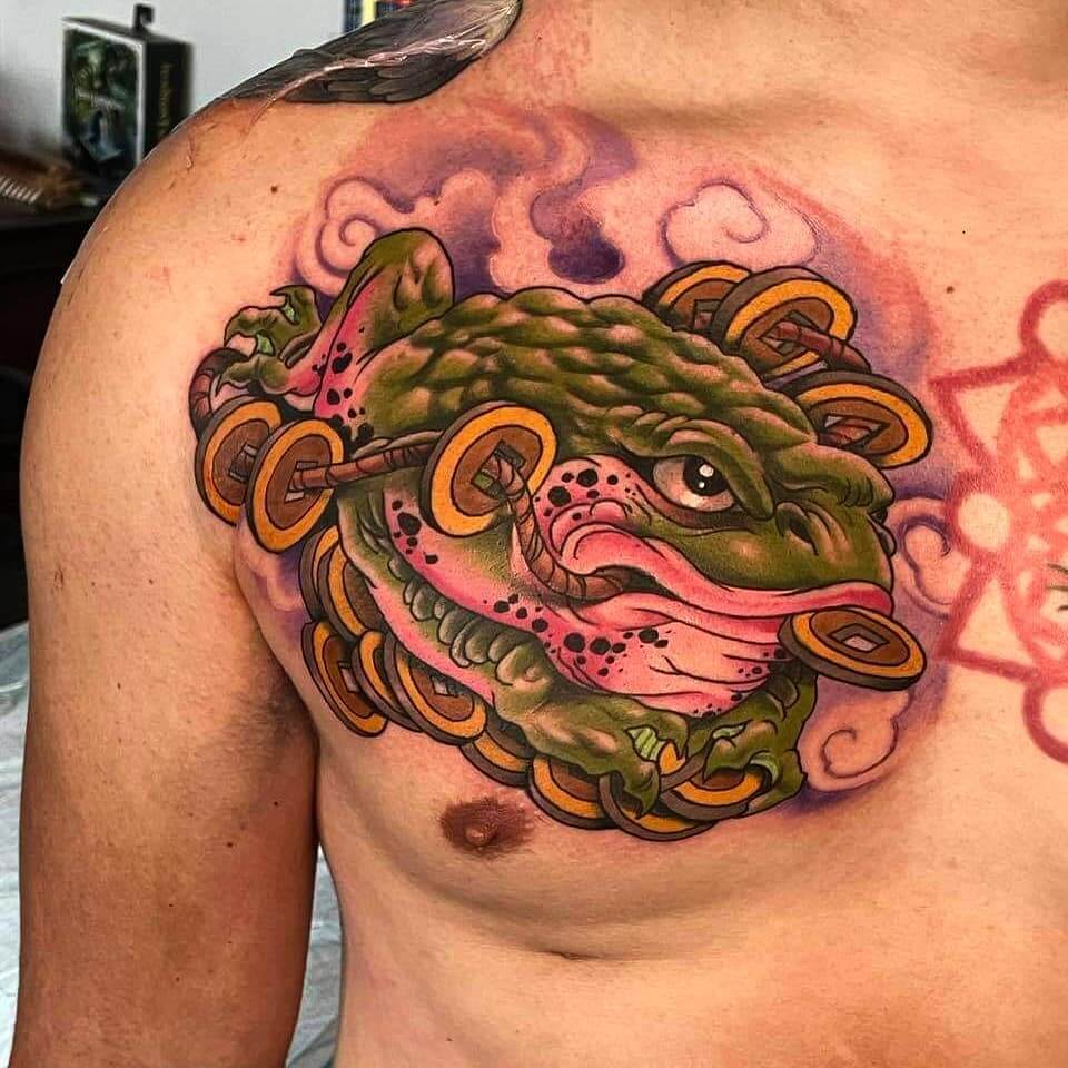 Money Frog Chest Tattoo