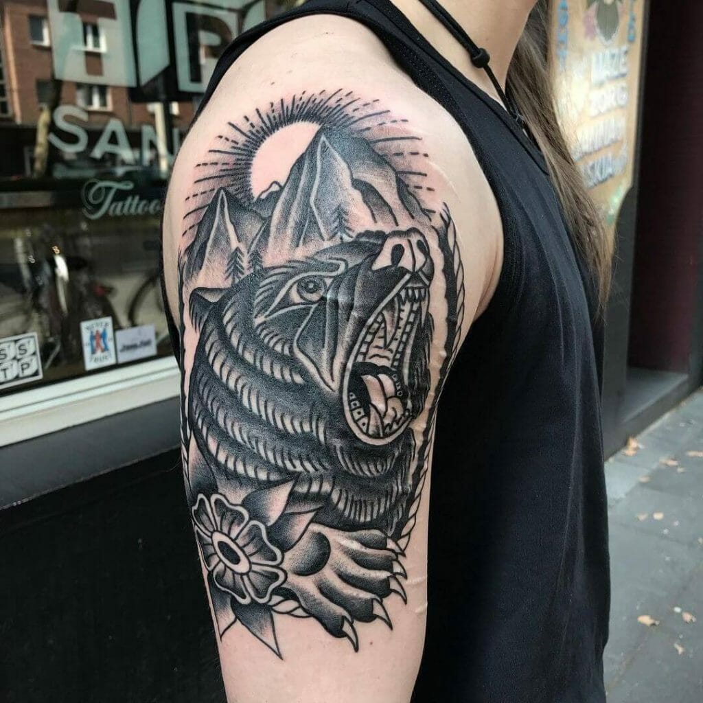 Monochrome Bear Tattoo With Mountain