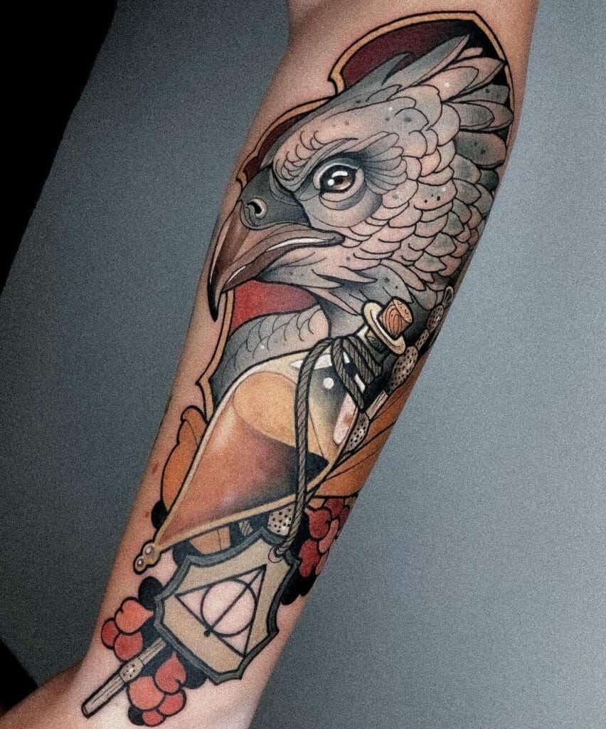 Neo-Traditional Fawkes With Felix Felicis And Elder Wand Tattoo