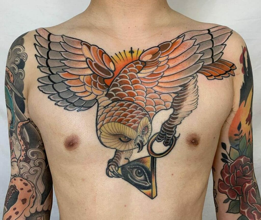 Neo-Traditional Owl Tattoo With The Eye Of Providence For Chest-Work