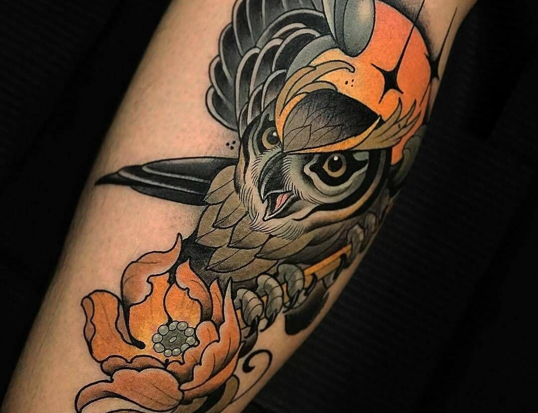 5. Neo-traditional mechanical owl tattoo - wide 7
