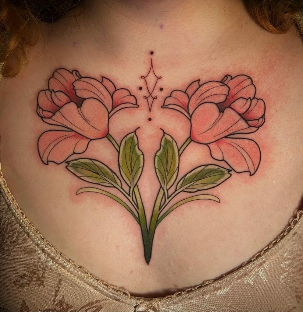 Neo-Traditional Symmetrical And Ornamental Flower Chest Tattoo