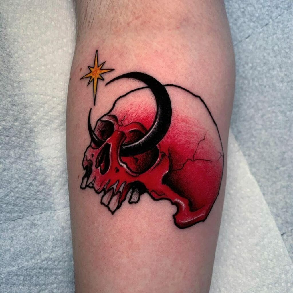 Neotraditional Skull Tattoo With Crescent Moon