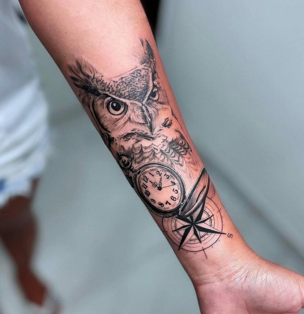 Owl Clock Tattoo with Directional Compass