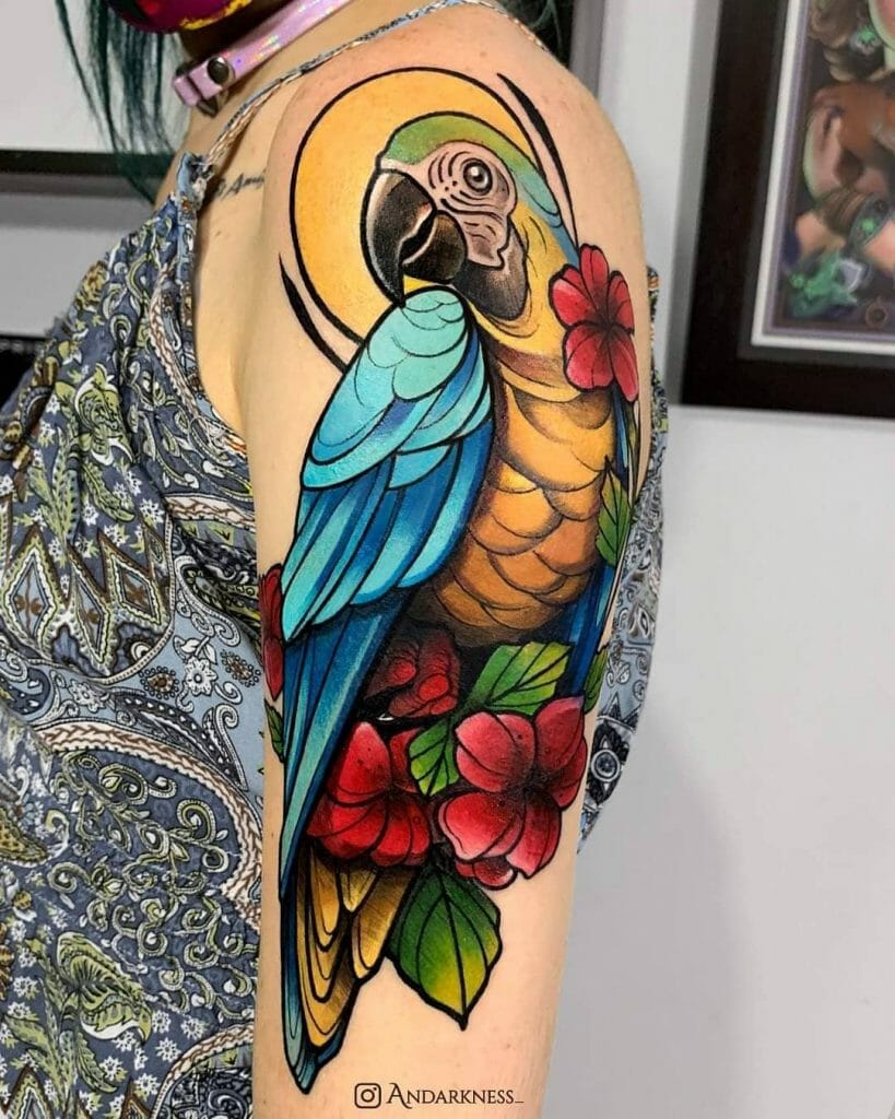 Parrot Tattoo With Flowers