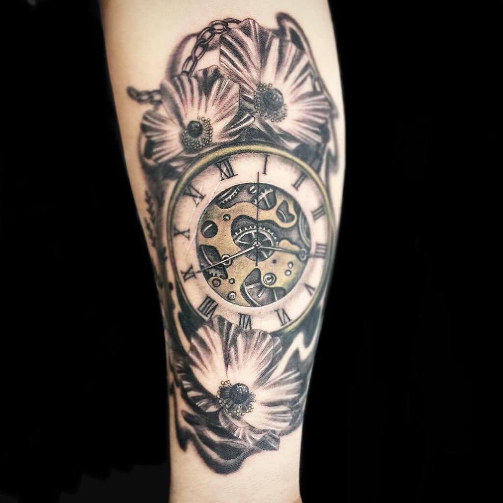 Poppies And Pocket Watch Tattoo designs