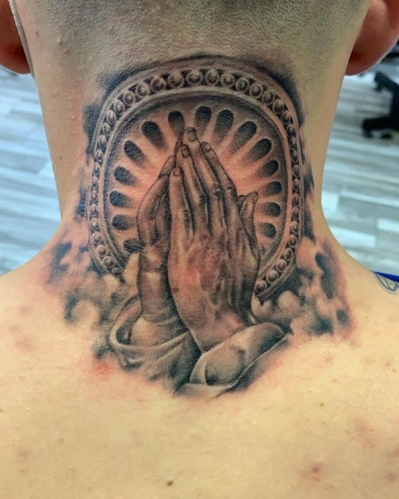 Praying Hands Black Neck Tattoo