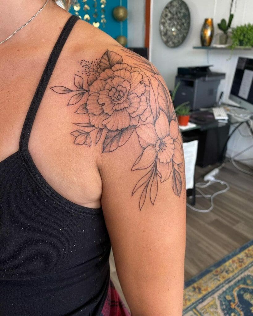 Pretty Floral Tattoo On Shoulder Cap