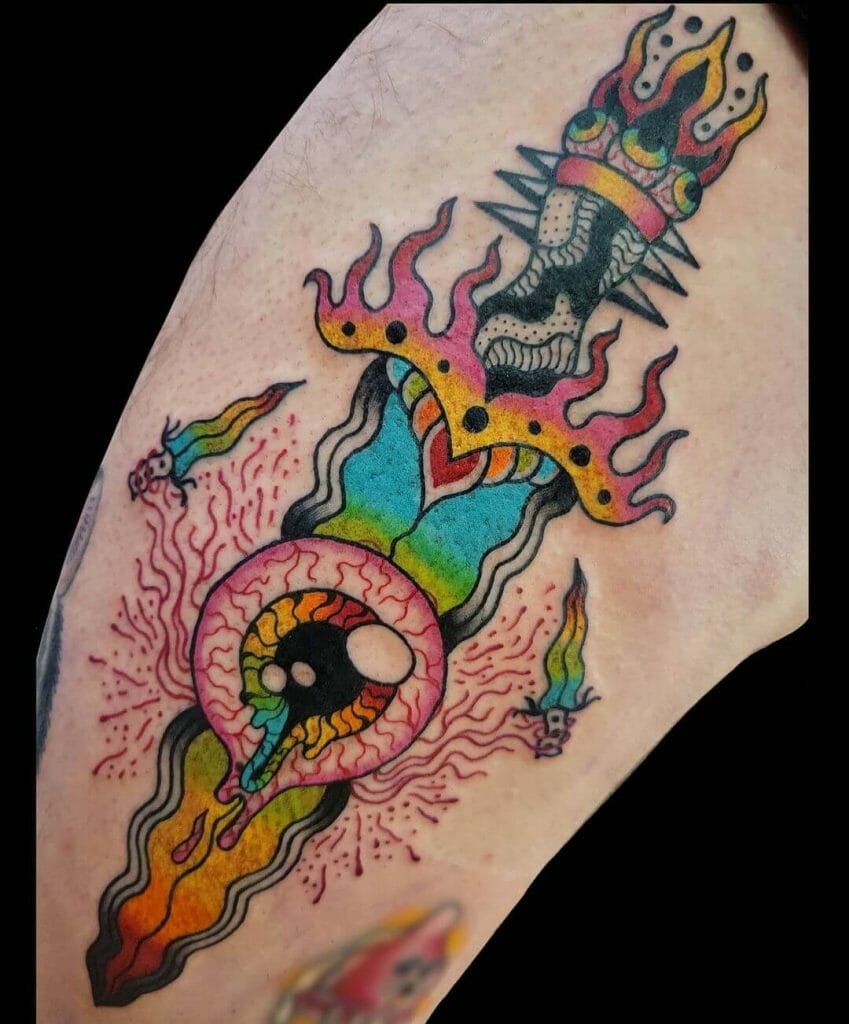 Rainbow Eyeball Knife Tattoo