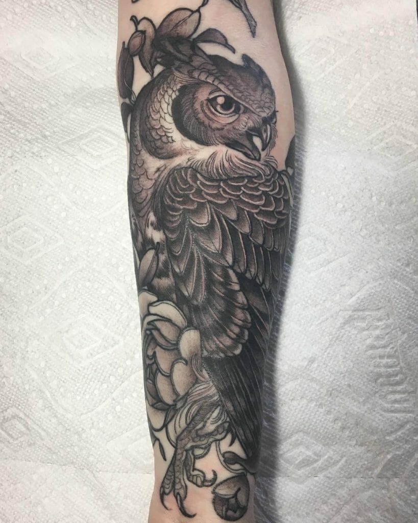 Realistic Brown And Black Horned Owl Linework Tattoo