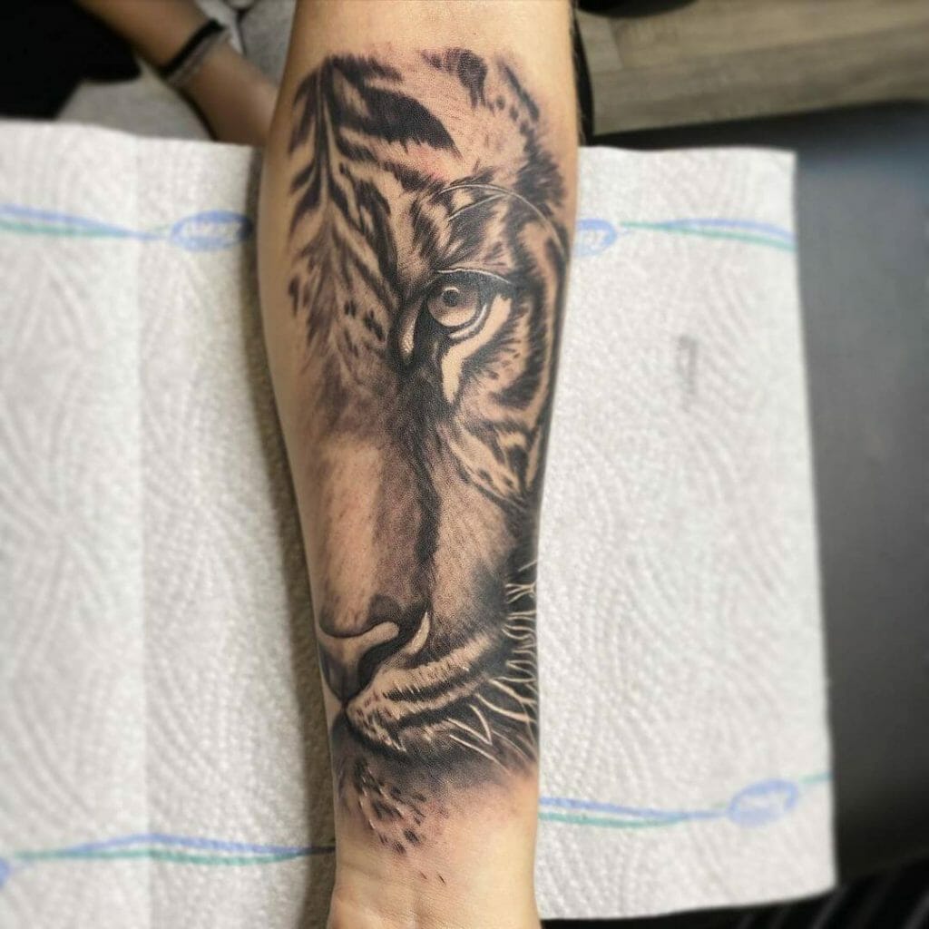 Realistic Half Tiger Face Tattoo Design