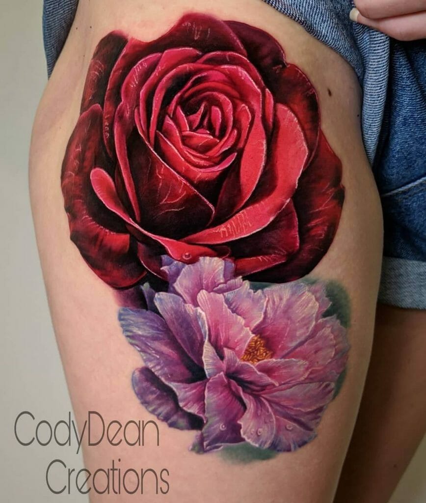 Realistic Rose And Peony Watercolor Tattoo