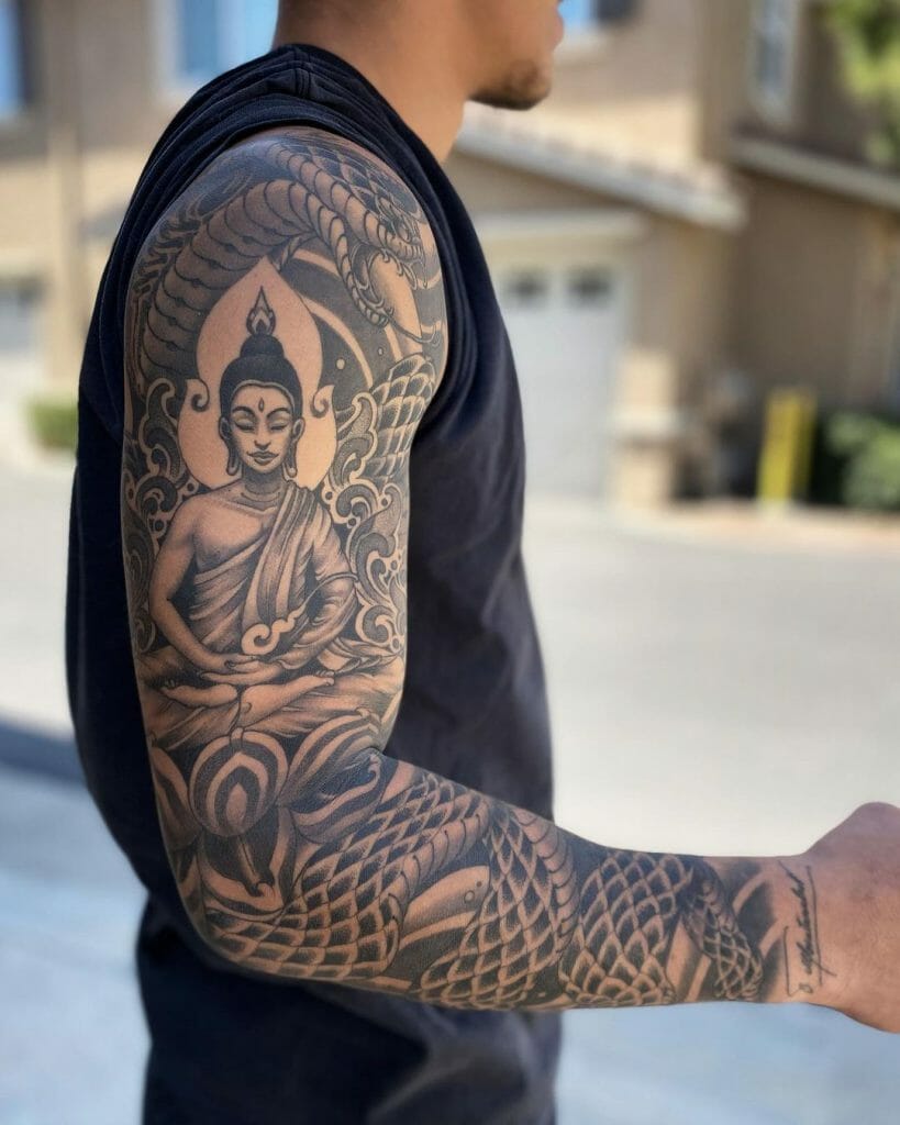 Religious Sleeve Tattoo With Budha And Cobra