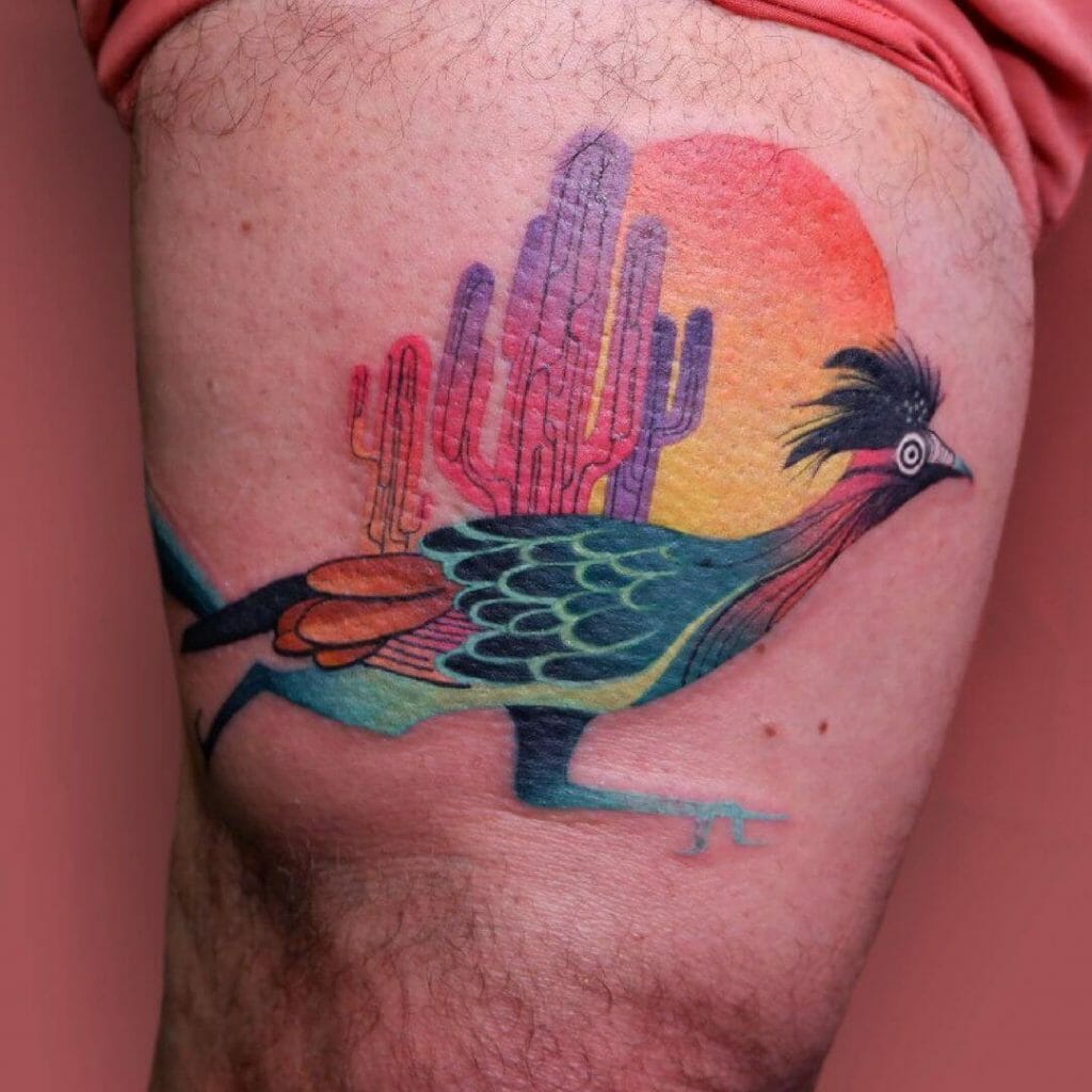 Roadrunner With Cactus And Sun Tattoo