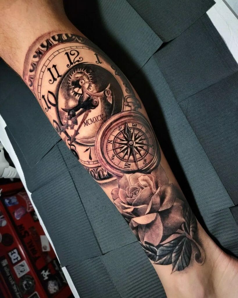 Rose, Compass, And Clock Tattoo designs