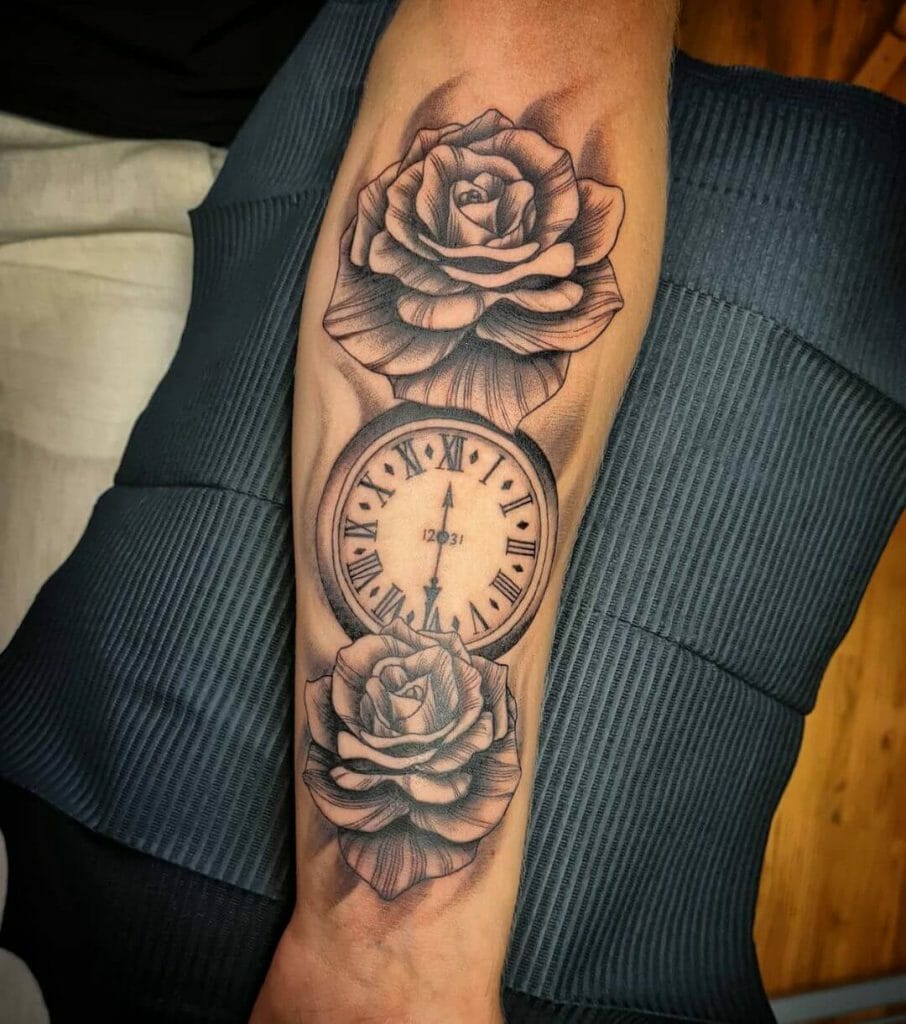 Roses And The Pointing Clock Tattoos
