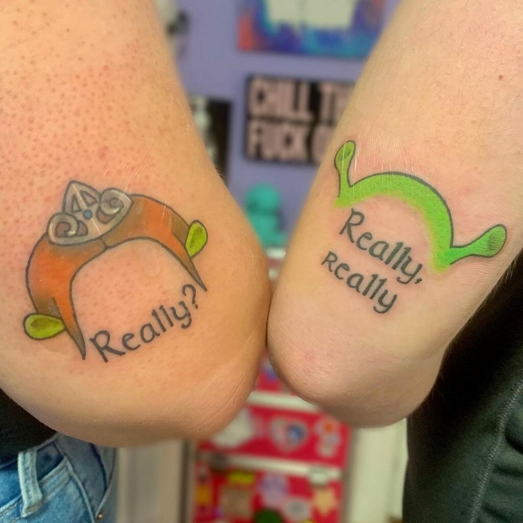 Shrek Themed Nerdy Couple Tattoos