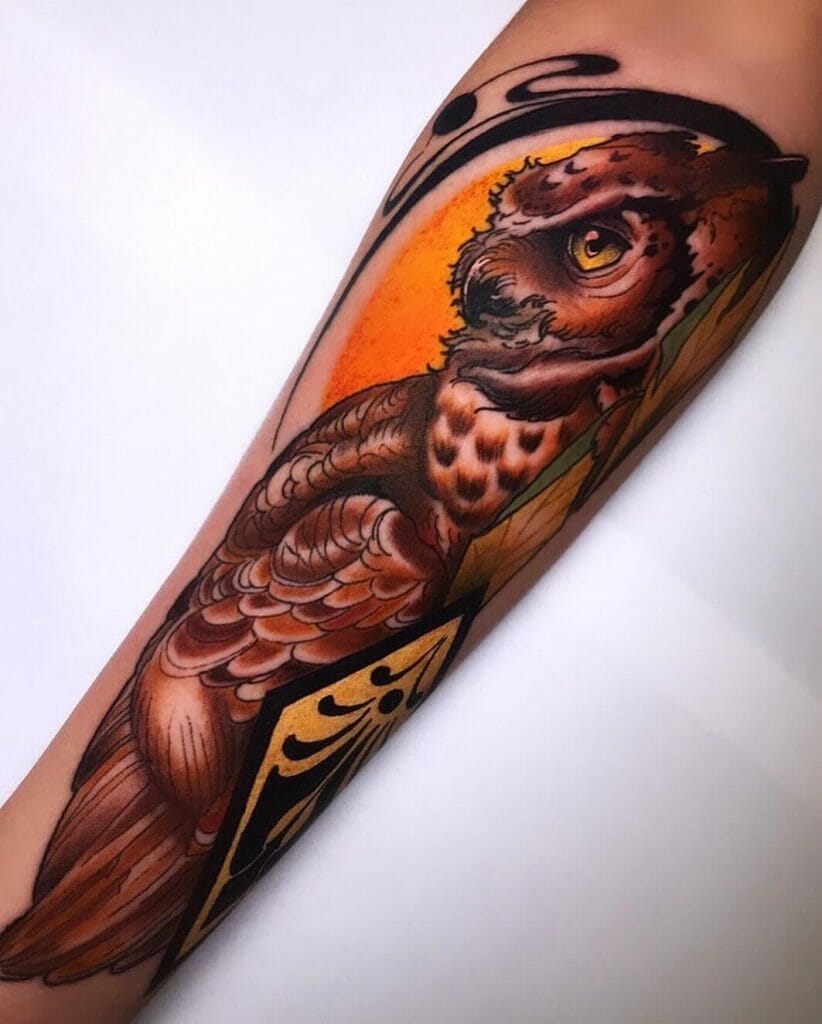 Side-View Of A Neo-Traditional Owl Tattoo Design