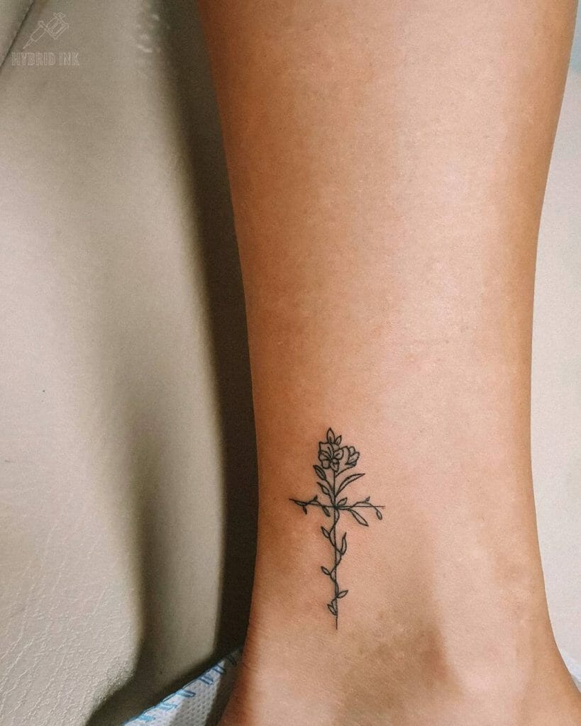 Simple Cross With Flower Tattoo Design
