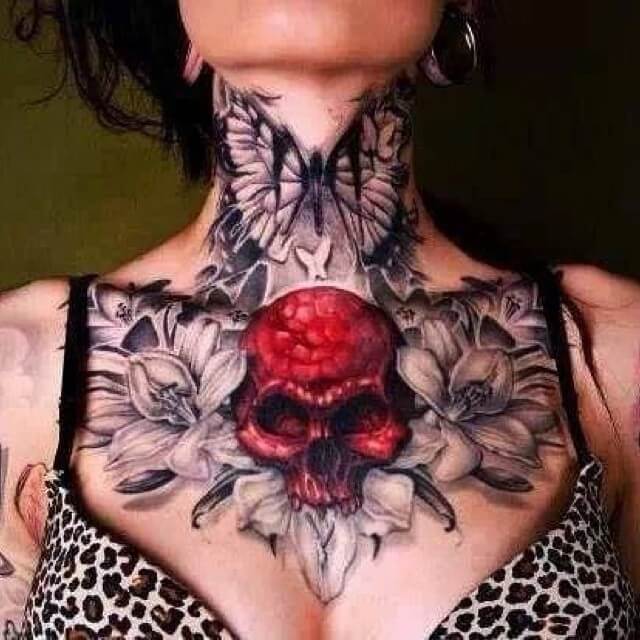 Skull Chest And Neck Tattoos