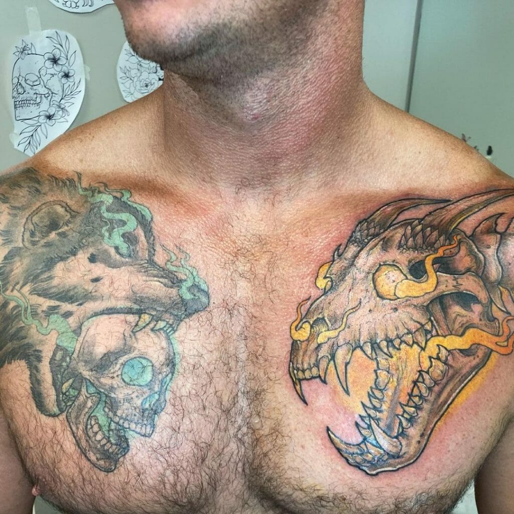 Skull & Dragon Chest Tattoo