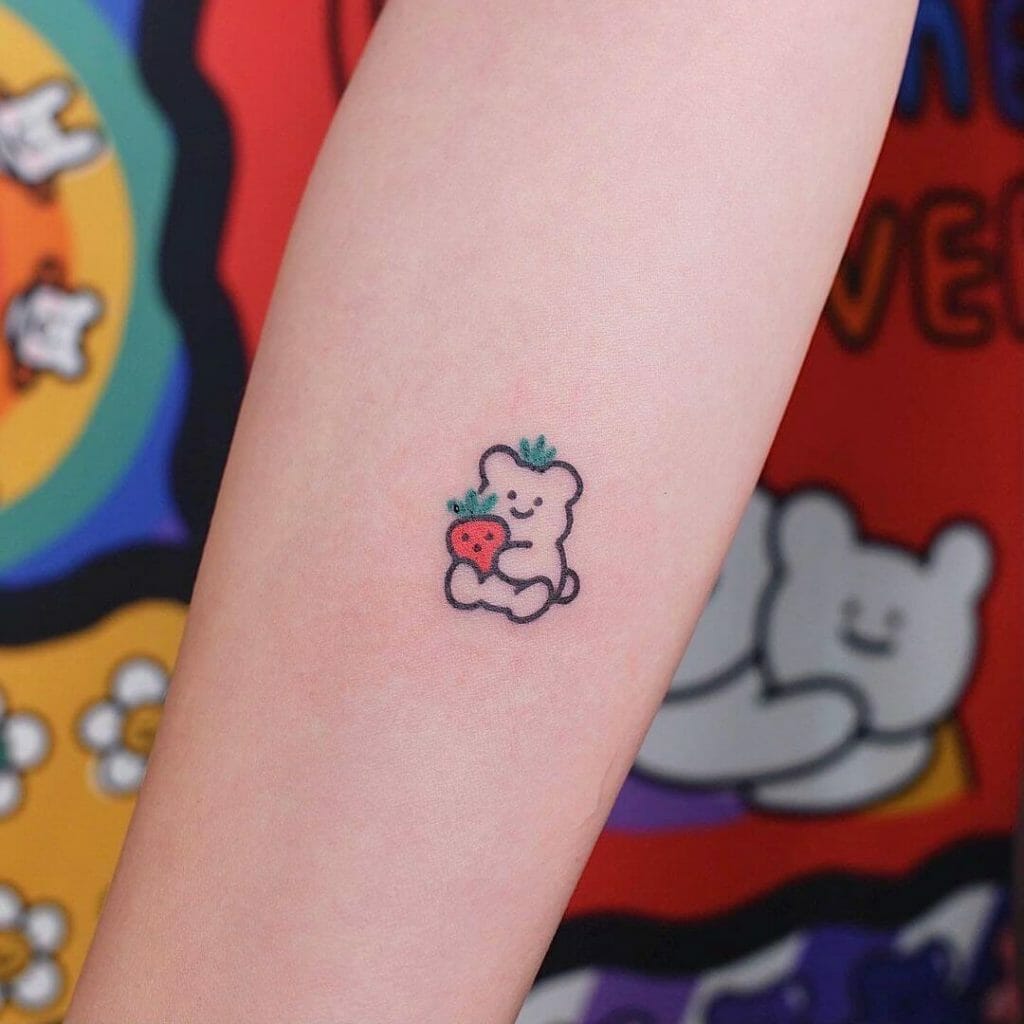 Small Cute Bear With A Strawberry Tattoo