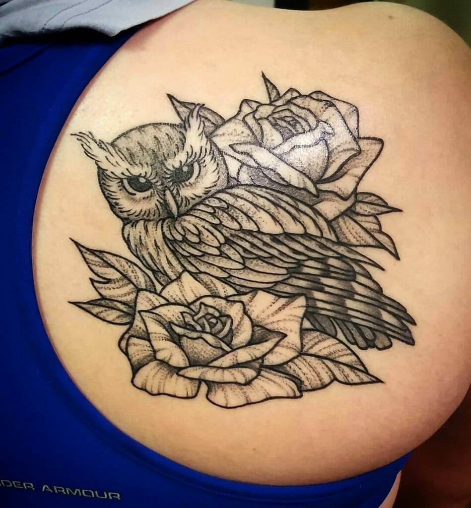 Small Owl Tattoo With Horns And Roses