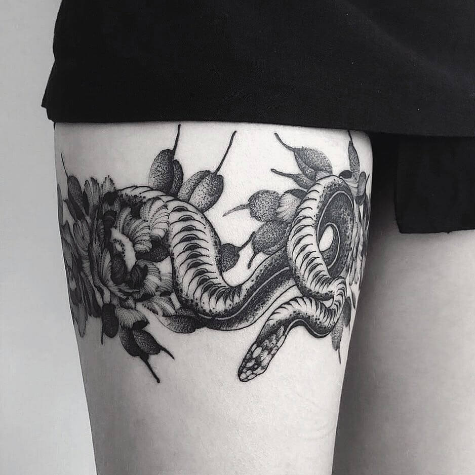 Snake And Flower Band Tattoo