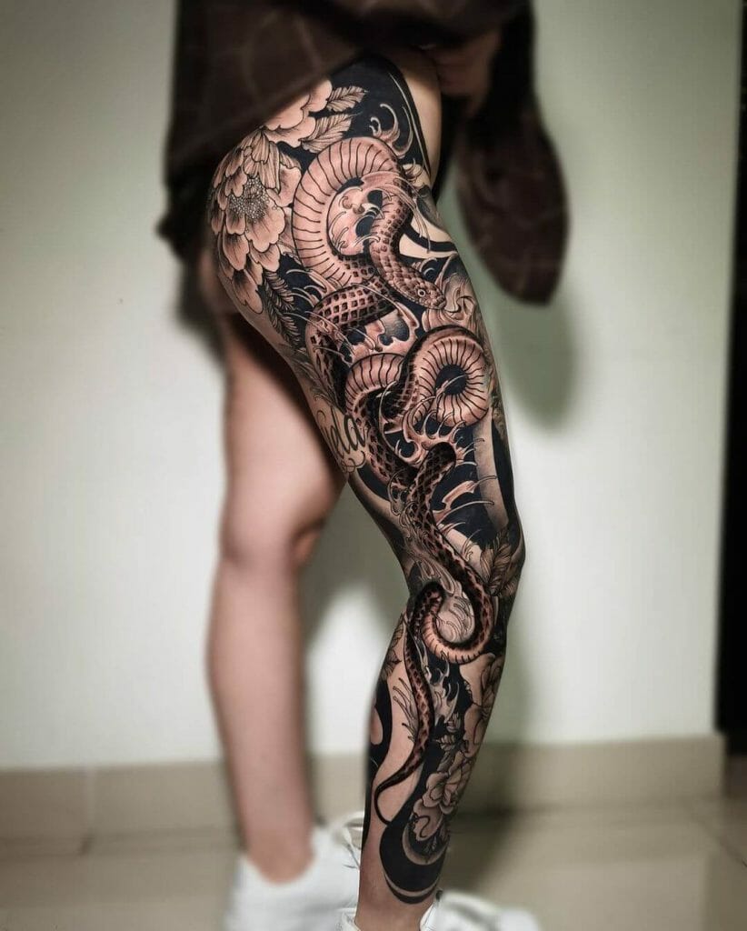 Snake Themed Full Leg Sleeve Tattoo