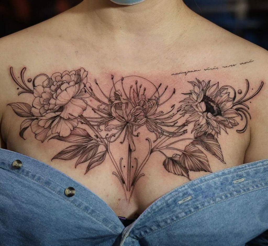 Spider Lily, Sunflower, And Multi-Layered Hibiscus Floral Chest Tattoo