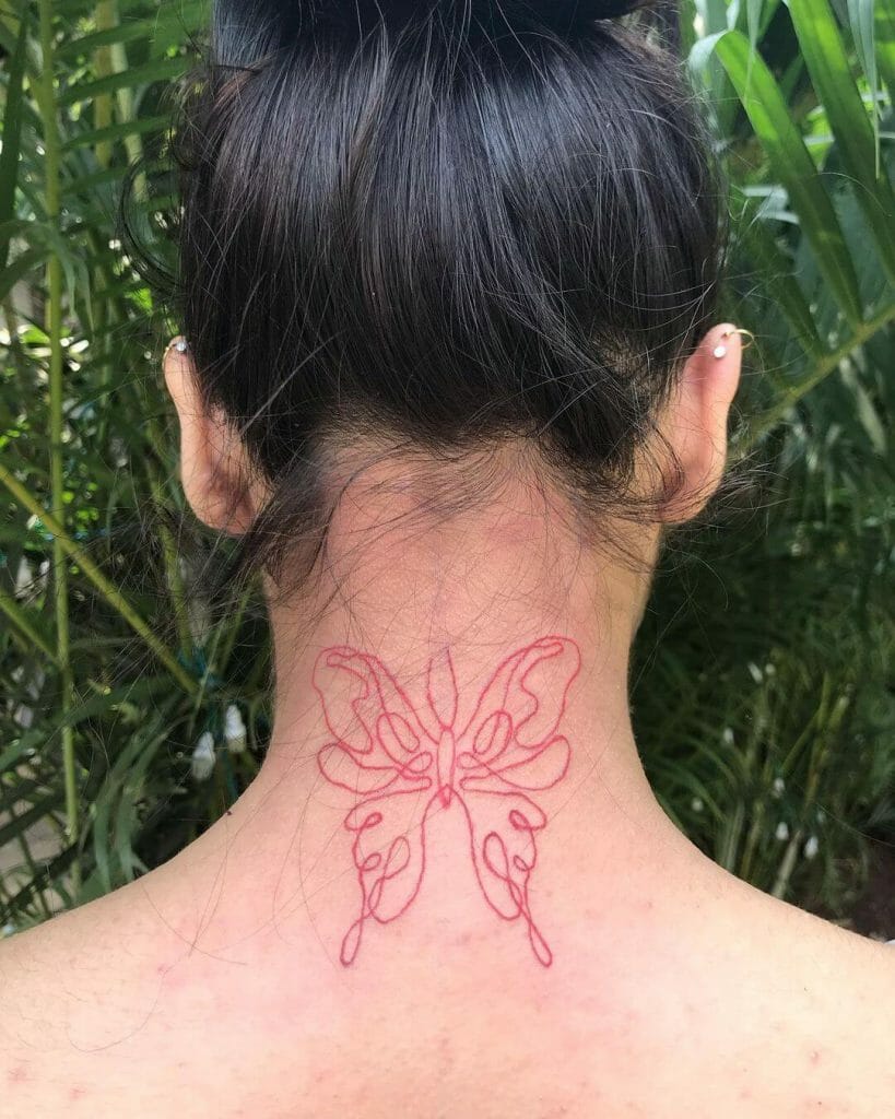 Squiggly Butterfly Tattoo On Neck