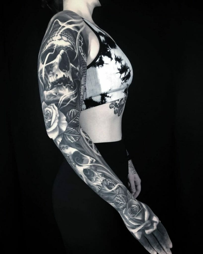 Stunning Rose And Skull Sleeve Tattoo