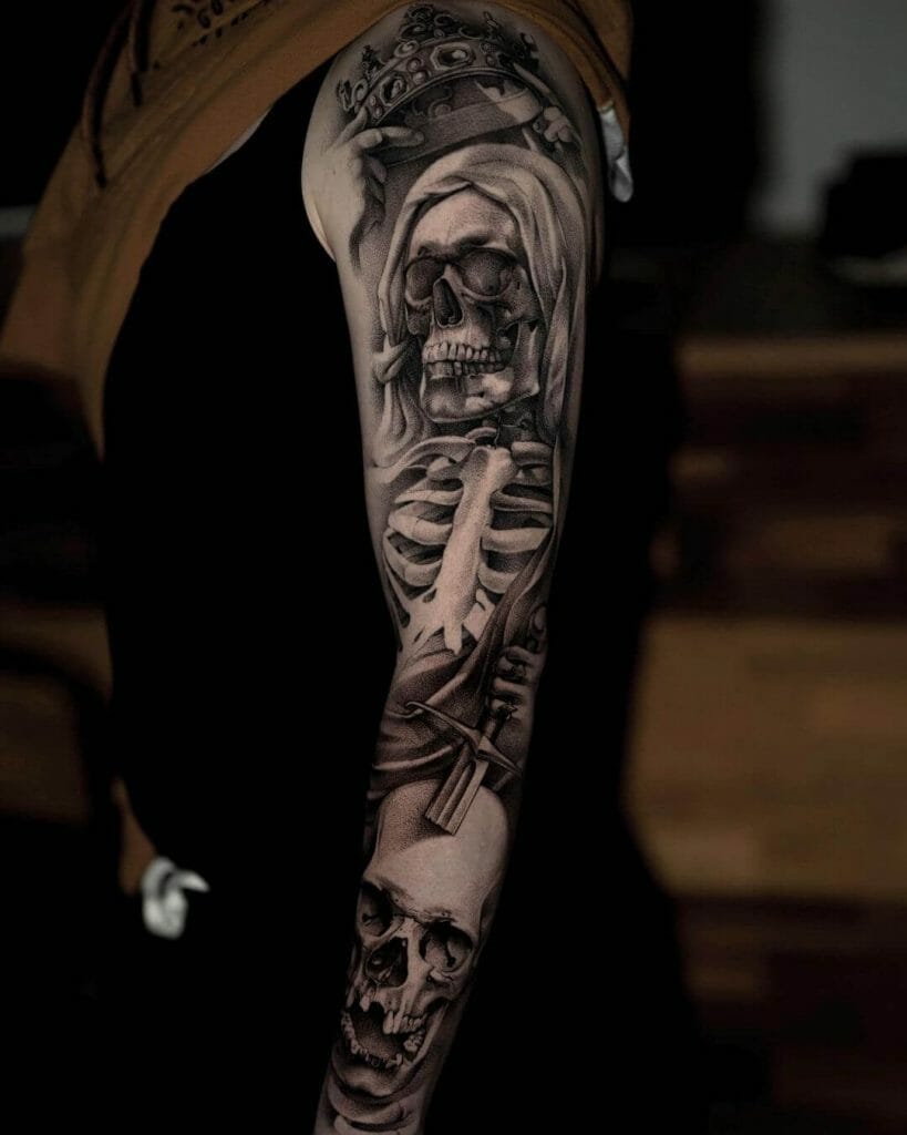 Super Realistic King Skeleton Hand Tattoo Sleeve