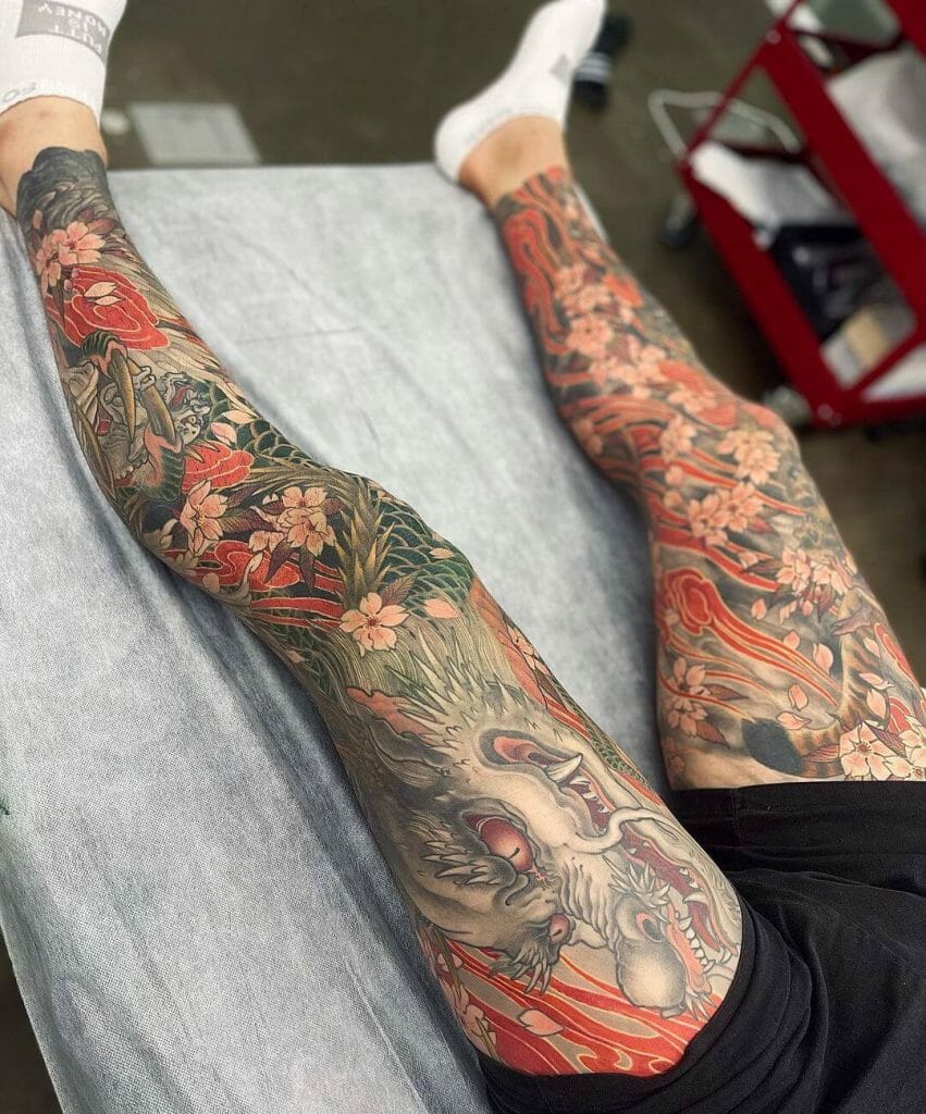 The Awesome Dragon X Flowers Leg Sleeve Tattoo