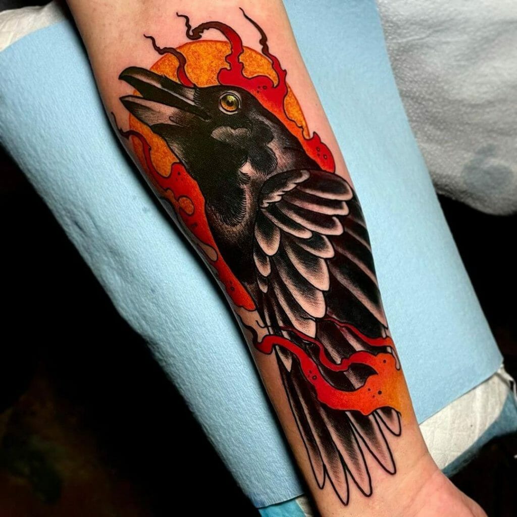 The Beautiful Raven X Flames Sleeve Tattoo