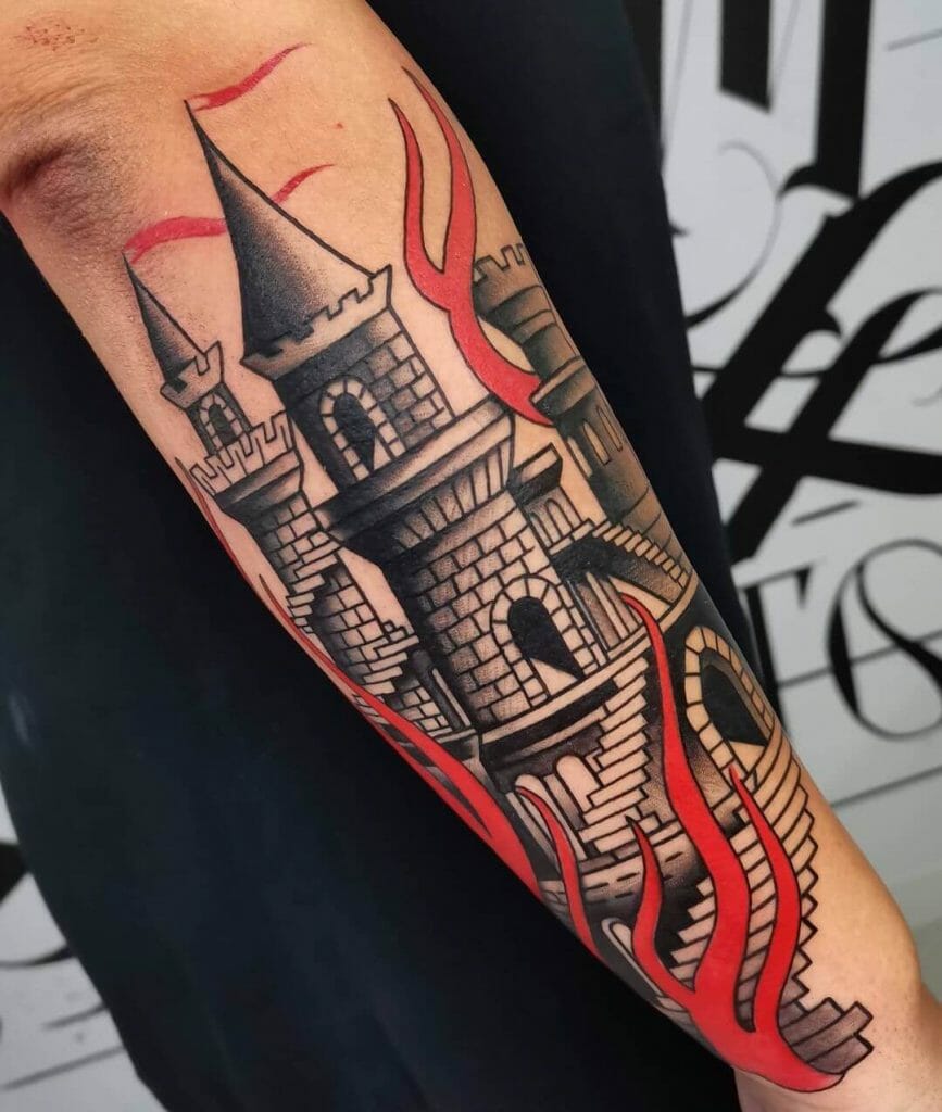 The Castle On Fire Half Sleeve Tattoo