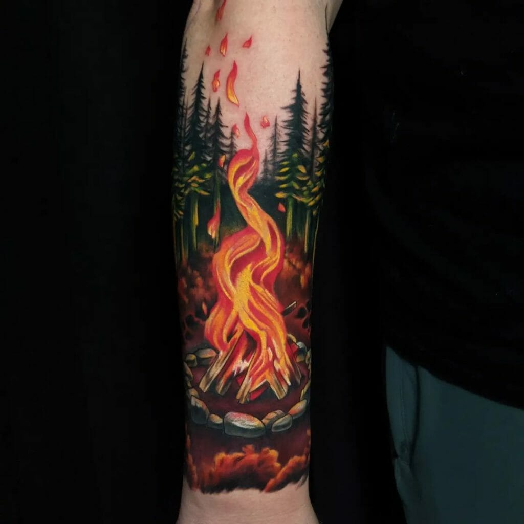 The Colourful Camp Fire Half Sleeve Tattoo