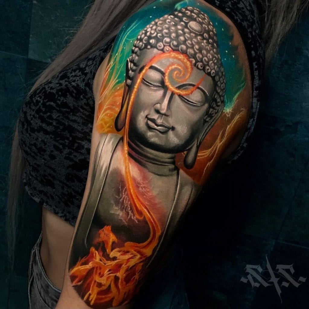 The Cool Fiery Buddha Sleeve Tattoo