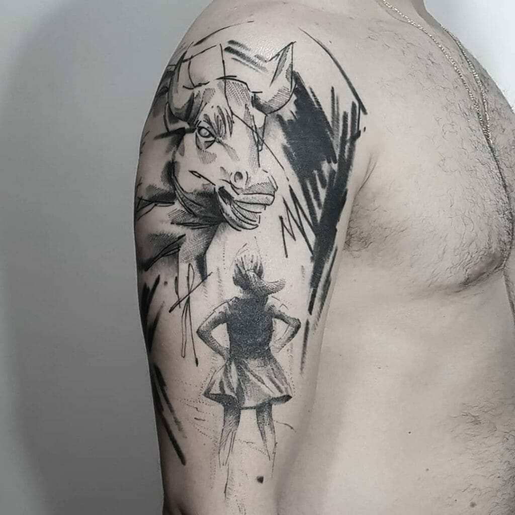 The Fearless Girl And Bull Charging Tattoo